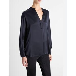 Vince Black 100% Silk Satin Band-Collar Black V Neck Blouse popover Small EUC